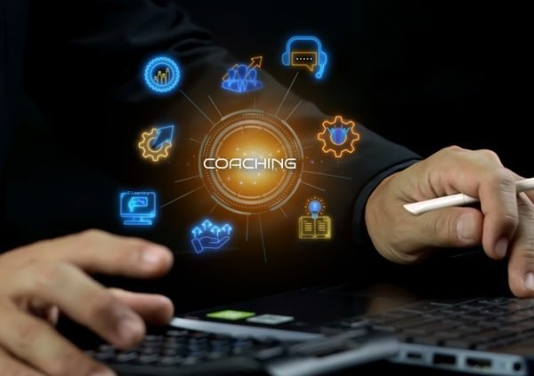 Businessman,Shows,Glowing,Neon,Line,Banner,Of,Coaching,Concept,With Businessman,Shows,Glowing,Neon,Line,Banner,Of,Coaching,Concept,With